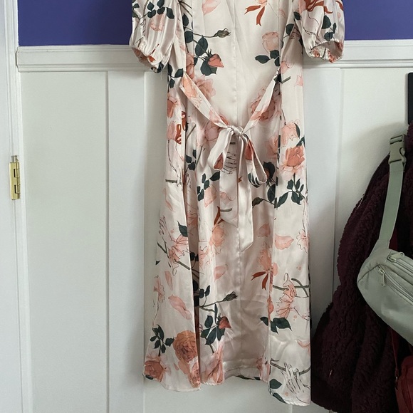 simple retro wide collar frill puff sleeve rose satin dress - Picture 5 of 5